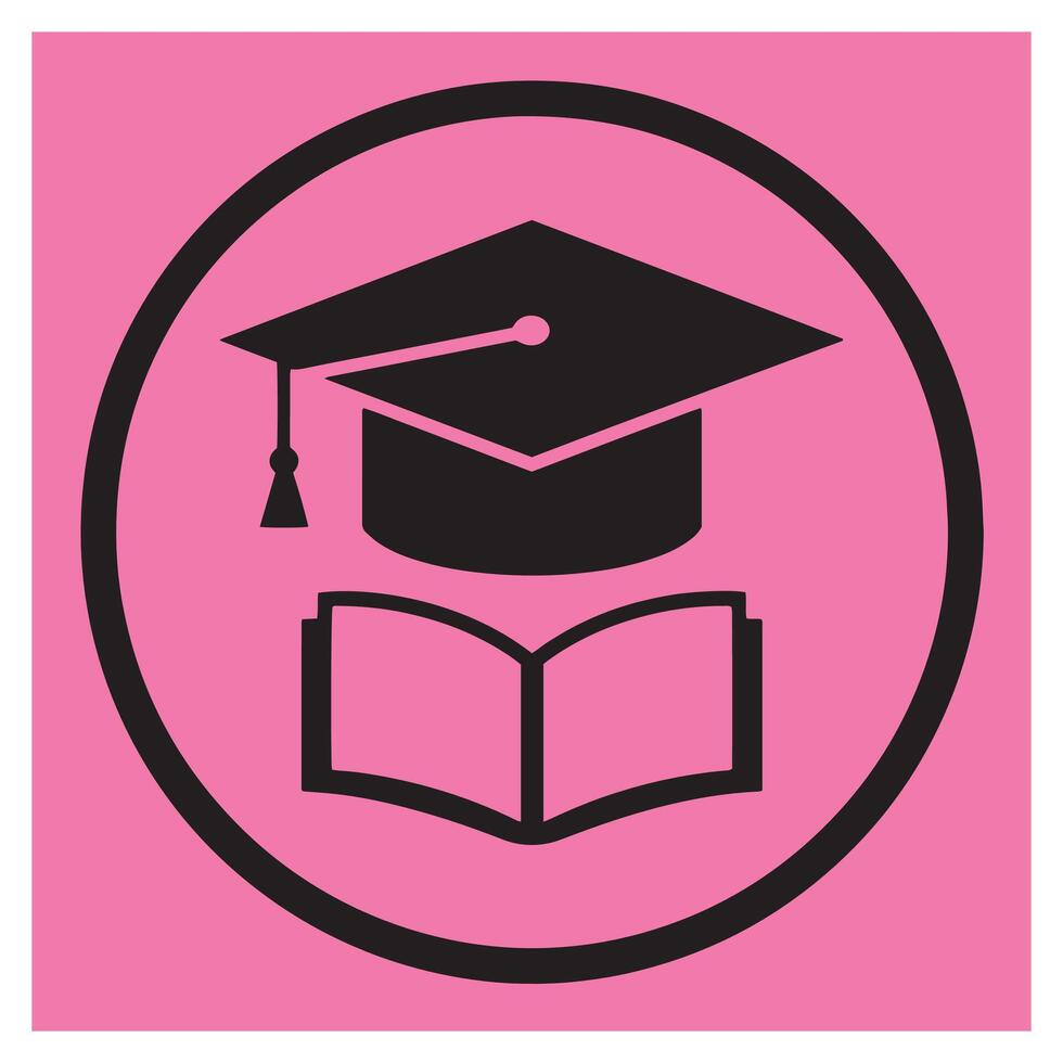 Educational icon featuring a mortarboard and open book within a circular frame in pink vector