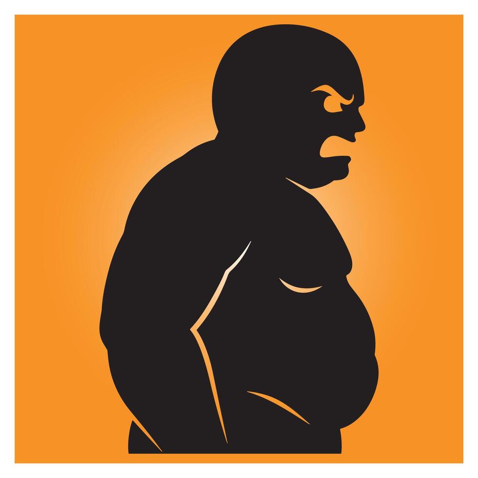 Black silhouette of an angry man with a large belly on an orange background vector