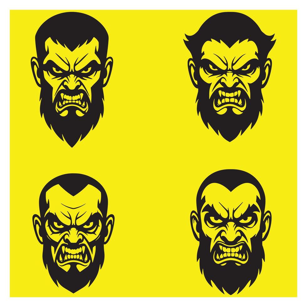 Stylized graphic representations of angry bearded men with intense expressions and furious grins vector