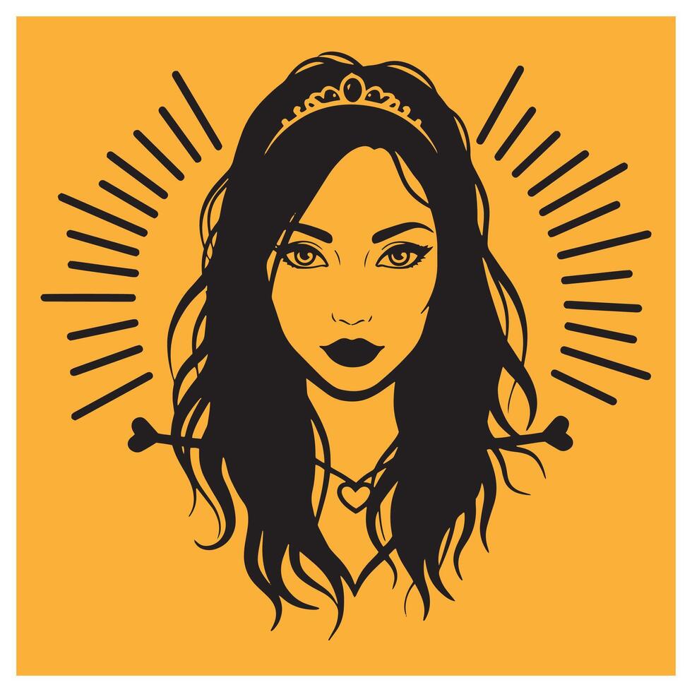Beautiful woman with a tiara and necklace illustration in a minimalist tattoo style vector