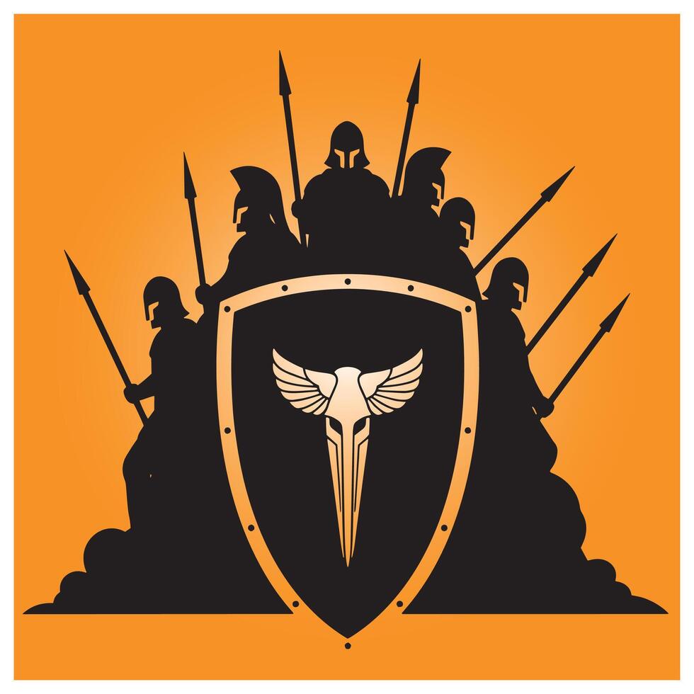 Silhouette of spartan soldiers with spears and shield on a warm orange background vector