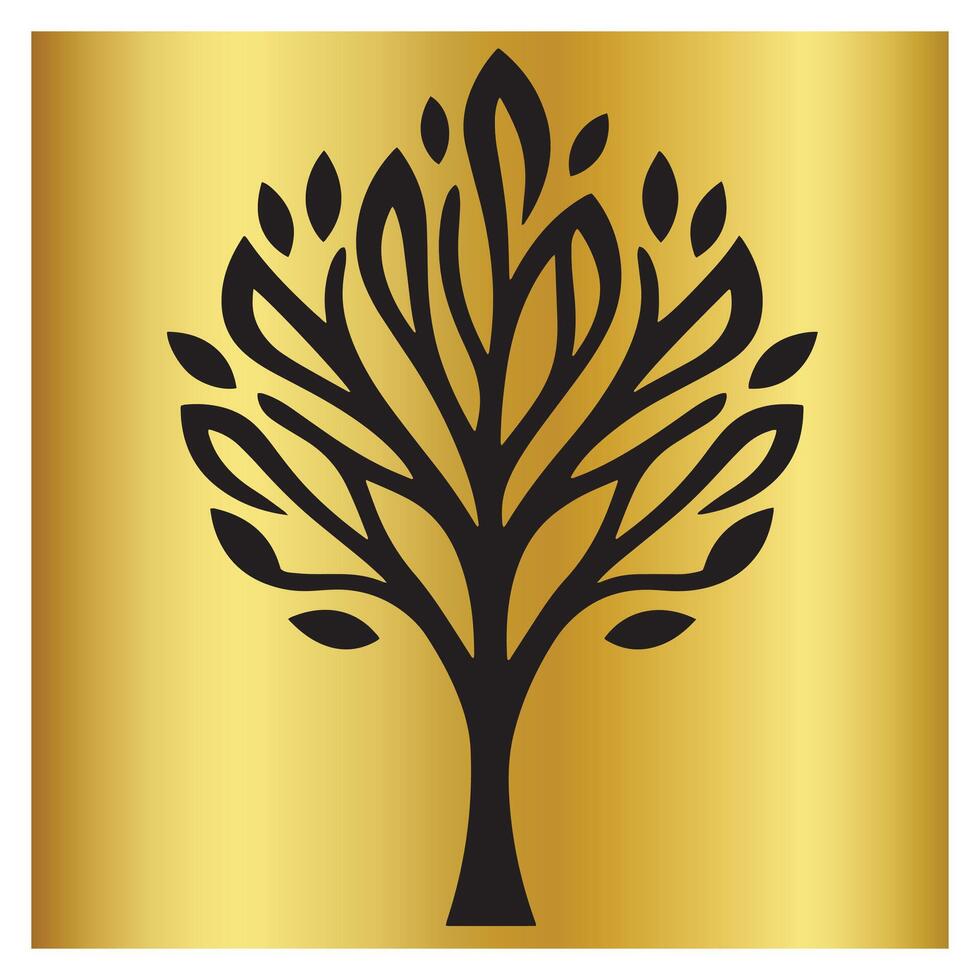 Elegant decorative black tree illustration against a luxurious golden gradient background vector