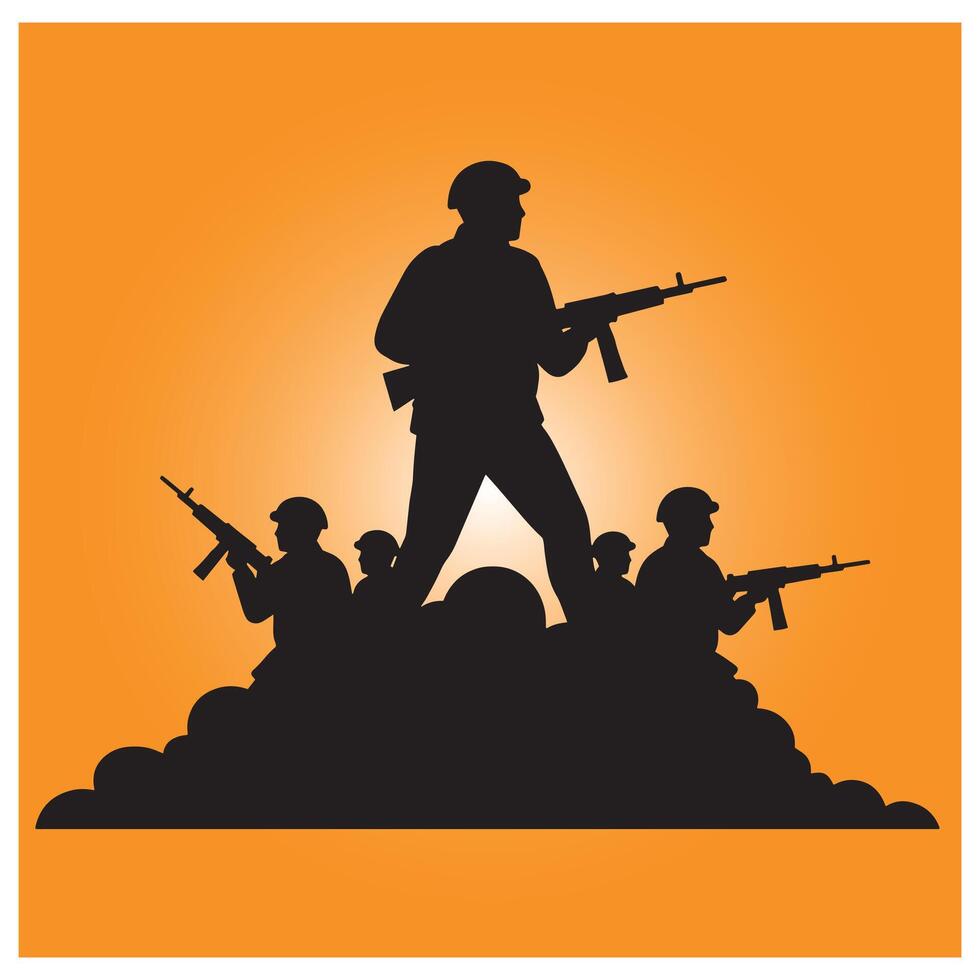 Silhouette of soldiers marching forward on a battlefield with guns against orange background vector