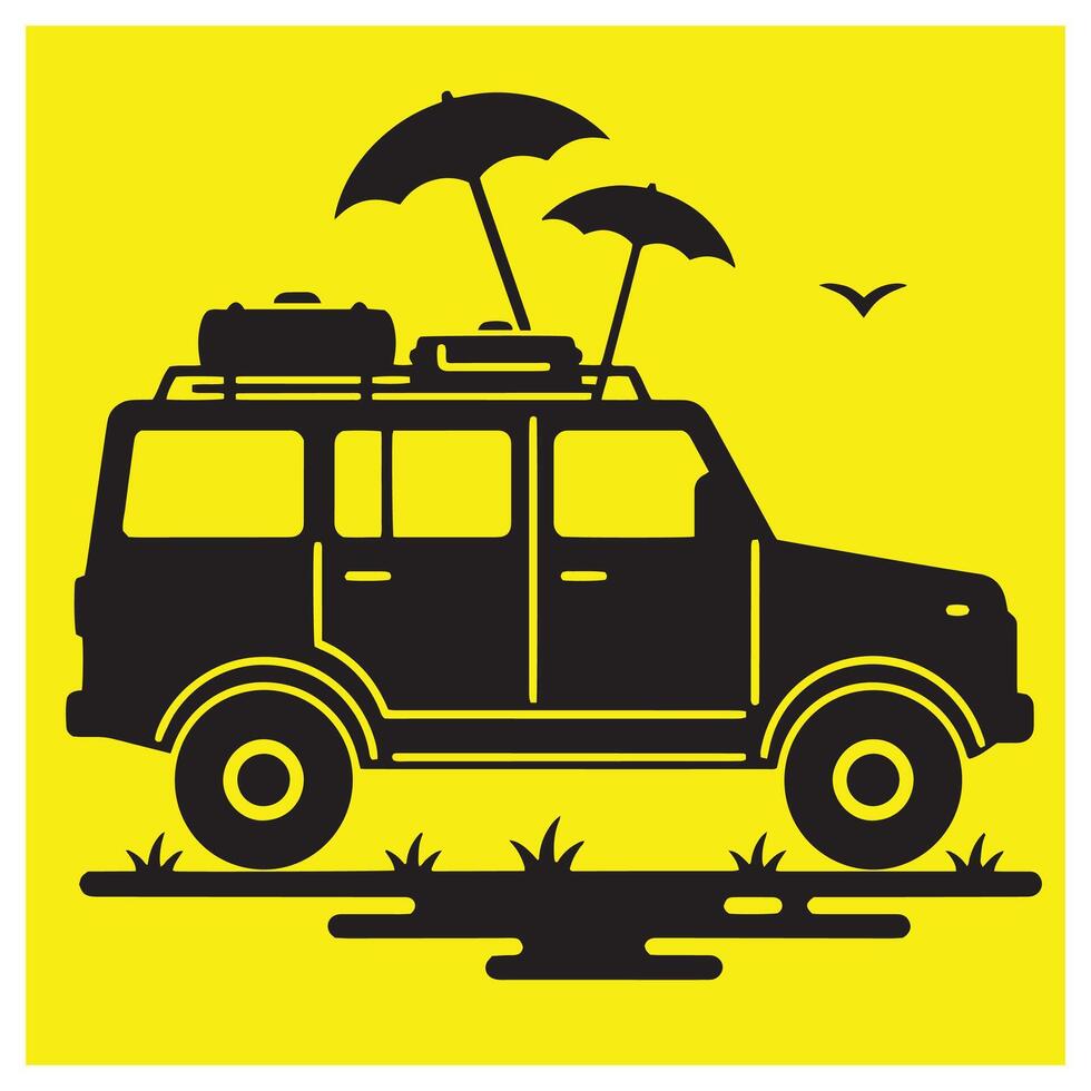 A black suv with luggage and umbrellas ready for a sunny road trip adventure vector