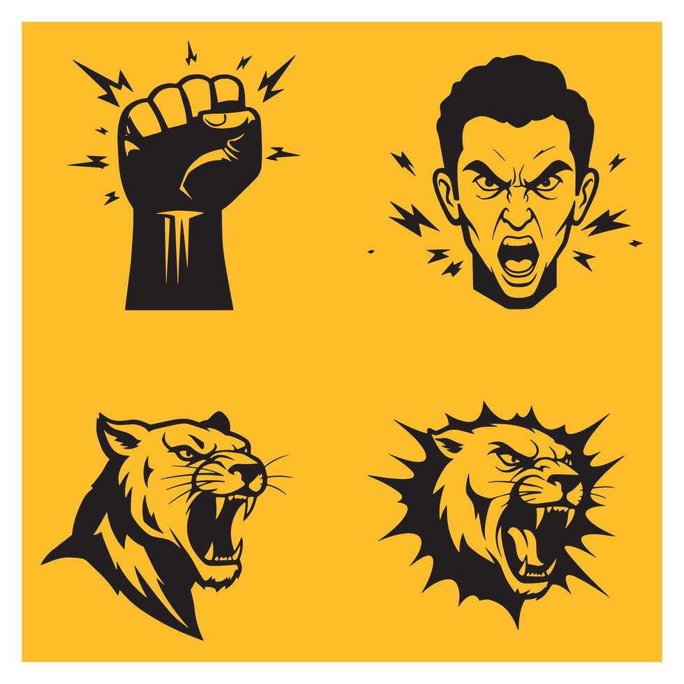 Powerful illustrations depicting rage strength and aggression in a bold graphic style vector