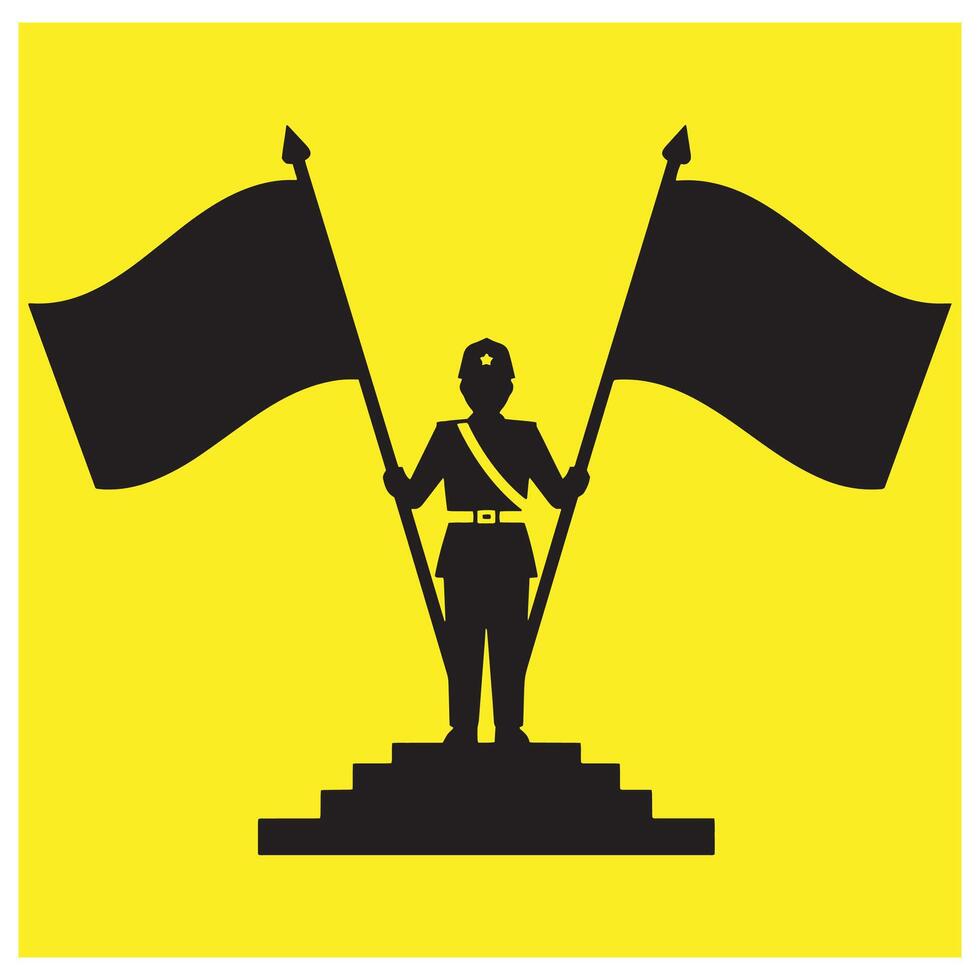 Soldier holding two flags standing on steps against a bright yellow background vector