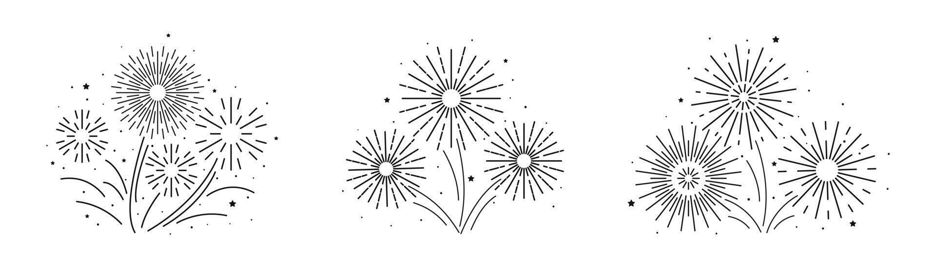 Fireworks flat style. Black editable lines to celebrate event. Blast explosion icons set. Firecracker happy new year, birthday. Sparkles and stars for poster banner card on festival anniversary party vector
