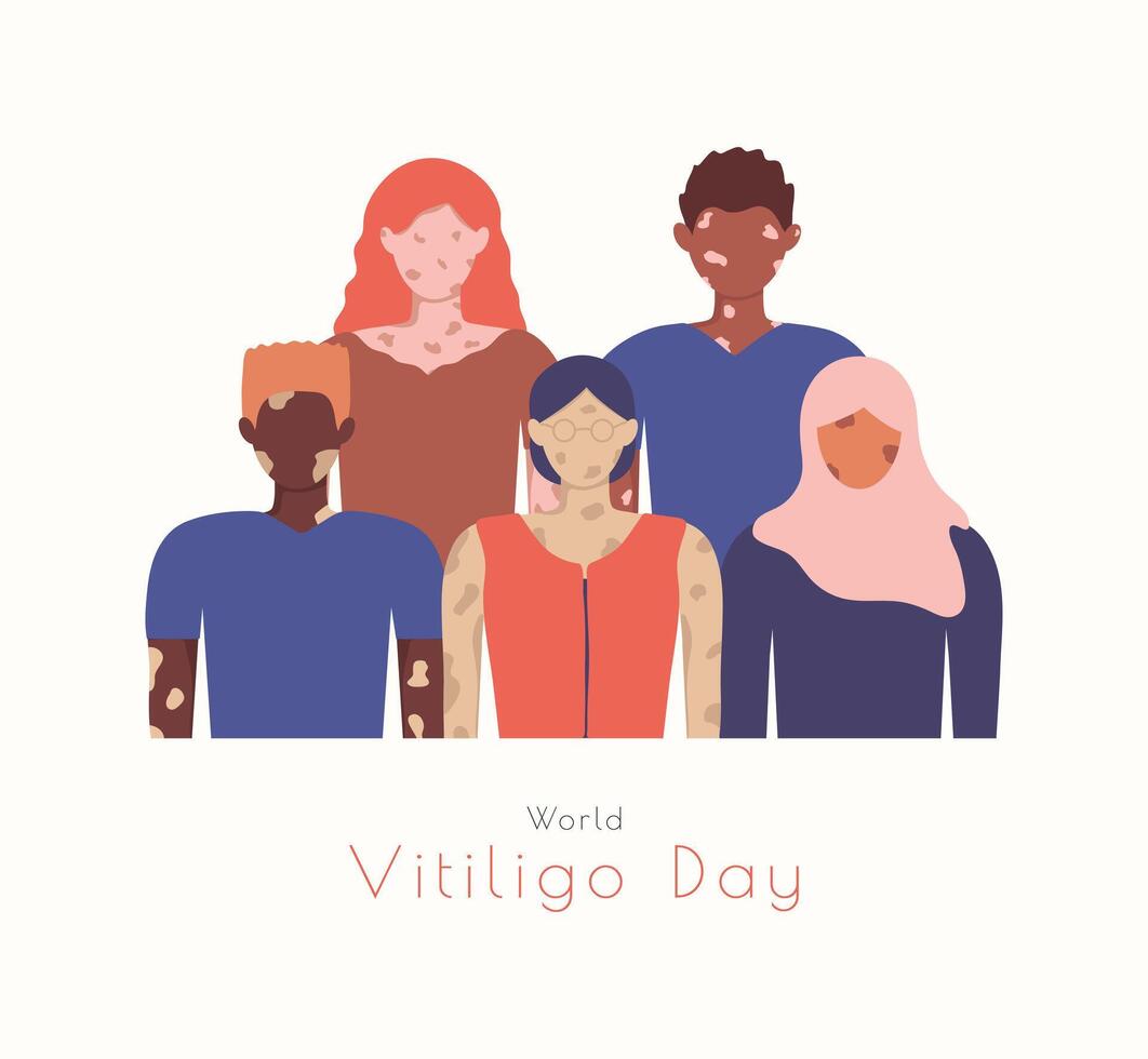 World Vitiligo Day poster template. Diversity people with with skin features, different nationalities, genders and ages human profile. Cover card info web greeting card. Background copy space. vector