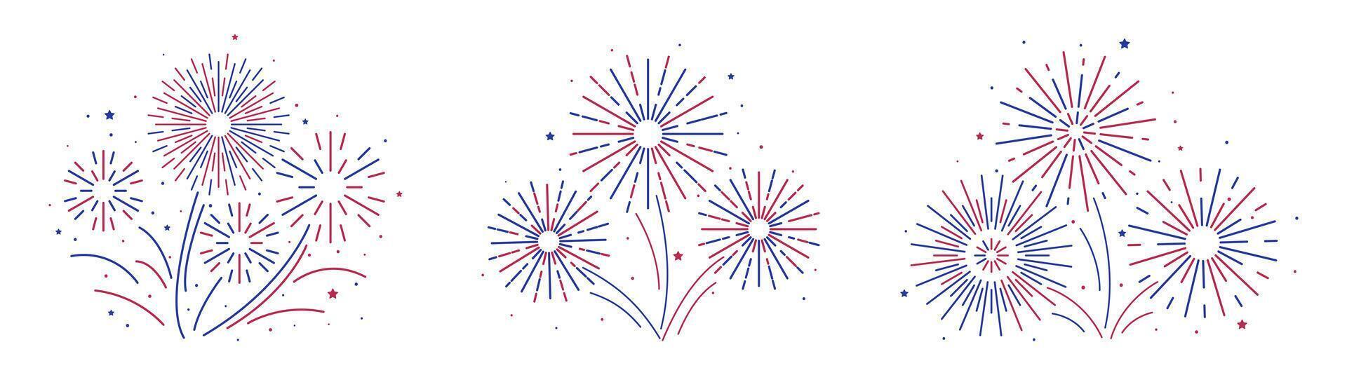 Fireworks Fourth of July set in flat style. Red and blue stars and sparks isolated on white background. United states of America independence day. Blast explosion for poster banner card. vector