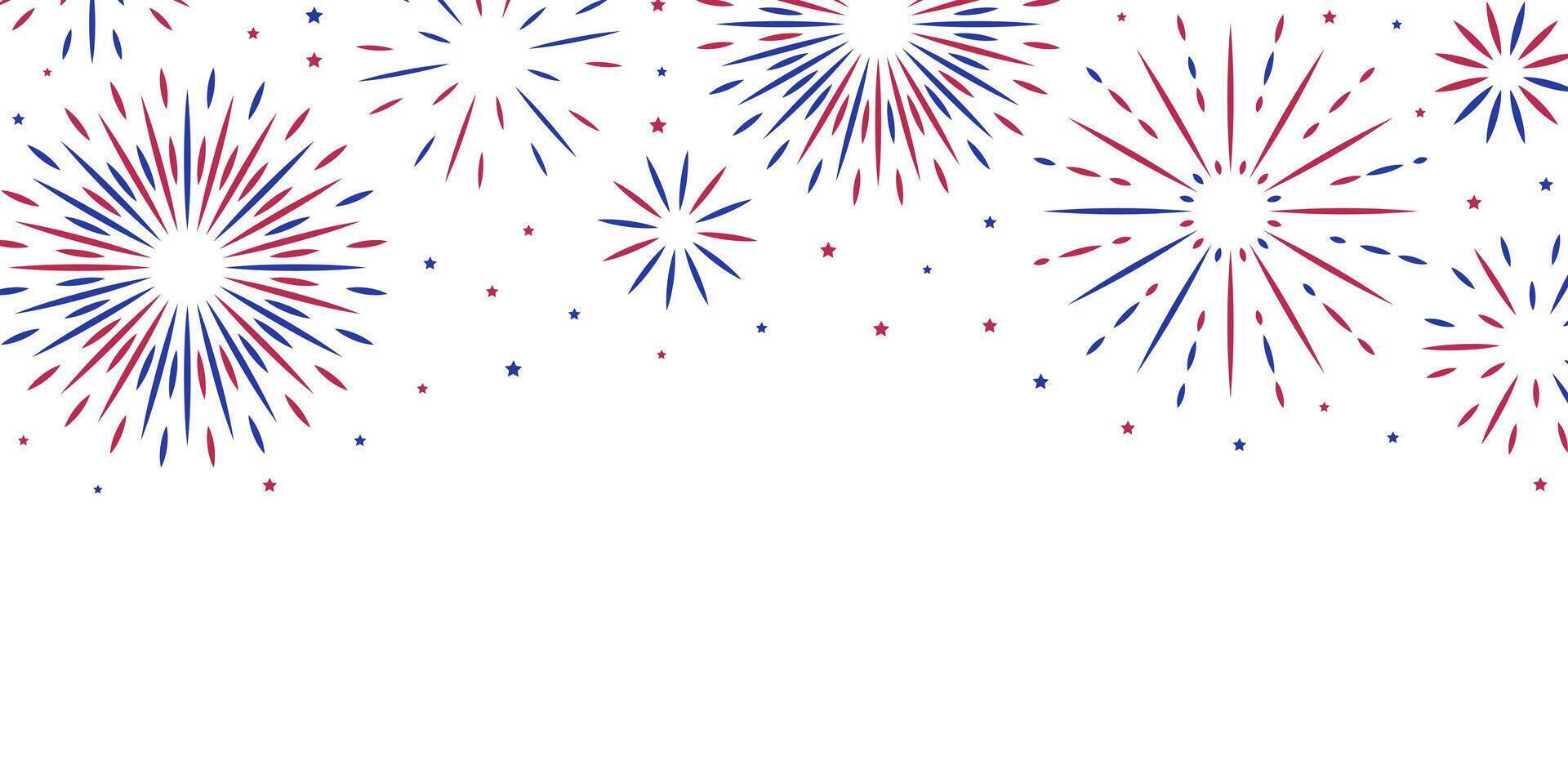 4th of July background with copy space. USA Independence Day fireworks banner. Red, blue, white United States flag color frame. Labor or Memorial day backdrop with stars, simple sparkle, text place vector