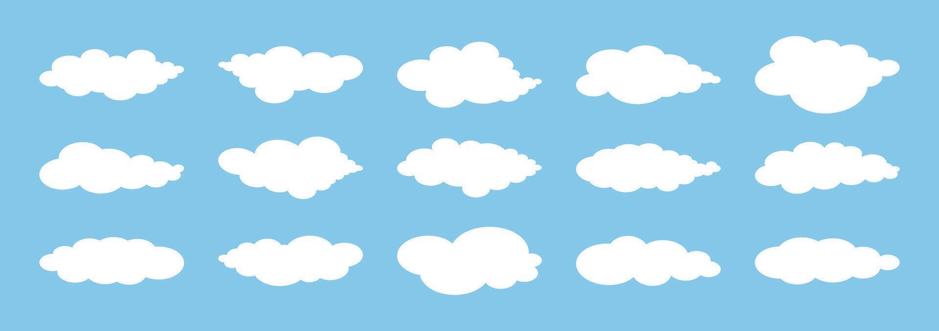 Set of Cloud in flat simple style. Fluffy white abstract cloudy elements in blue sky. Fluffy weather illustration for poster banner card. Empty text border. vector