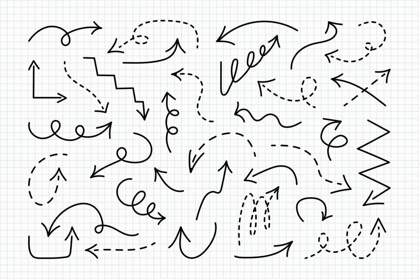 Doodle freehand Arrows set with editable stroke on notebook sheets in squares. Simple hand drawn black dot lines in various directions. Back to school dotted pointers. Sketch outline long thick icons vector