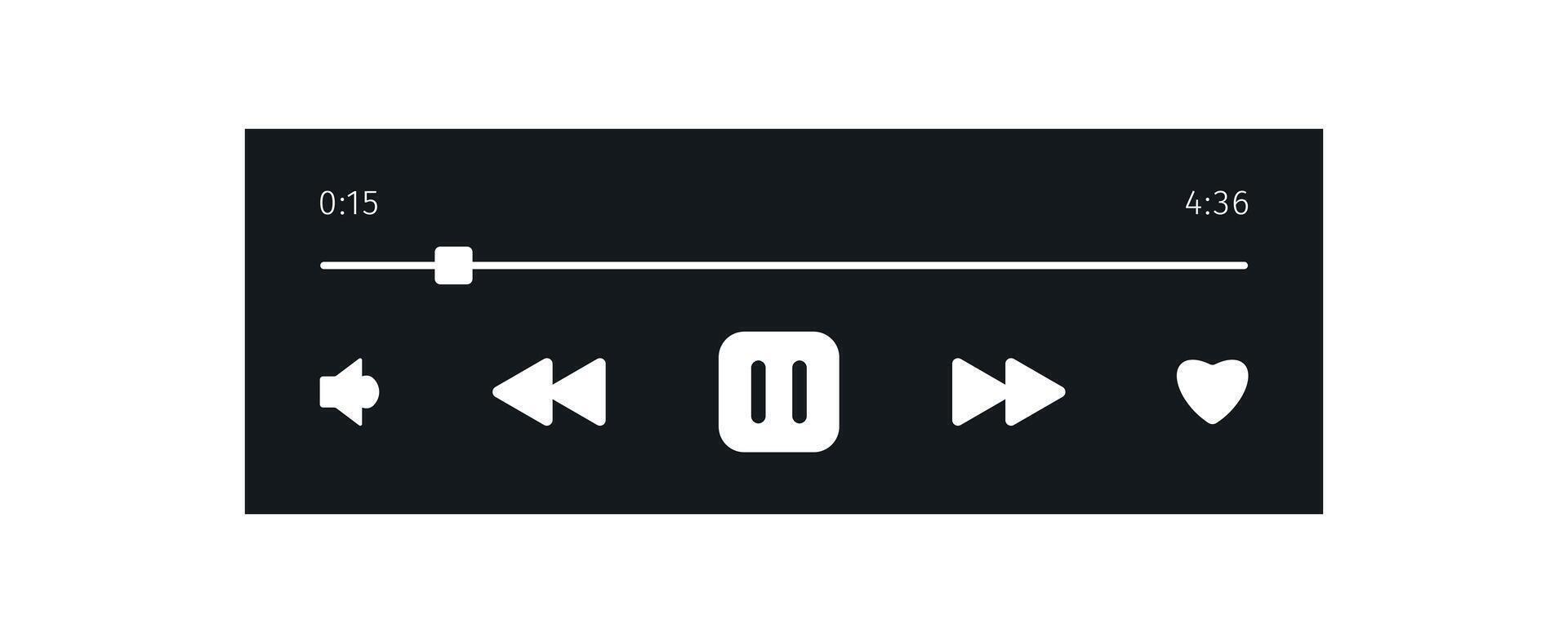 Music Player user interface dark theme. Audio media app widget with song duration bar. Modern UI display element for podcast with pause, play, skip, favorite, volume Buttons. Playback screen mockup. vector