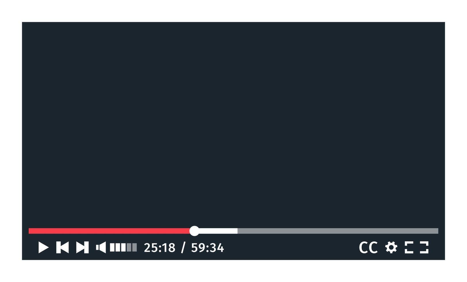 Player mockup for Smart TV dark theme. Media ui black interface template for web and apps. Screen with Play stop next progress bar subtitles settings full screen volume buttons vector