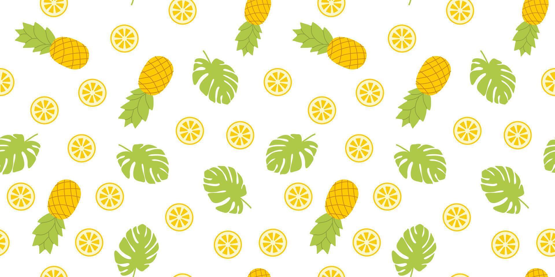 Summer Seamless pattern with pineapples and tropical leaves in flat style. Seasonal bright fruits and plants hand drawn for card banner print. Cute design for wrapping paper textile,summertime vibe. vector