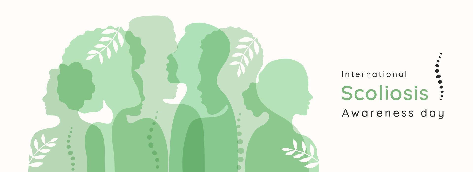 International scoliosis awareness day banner template with typography. Background diversity people with different nationalities, genders ages human profile. Poster cover card info web greeting card. vector