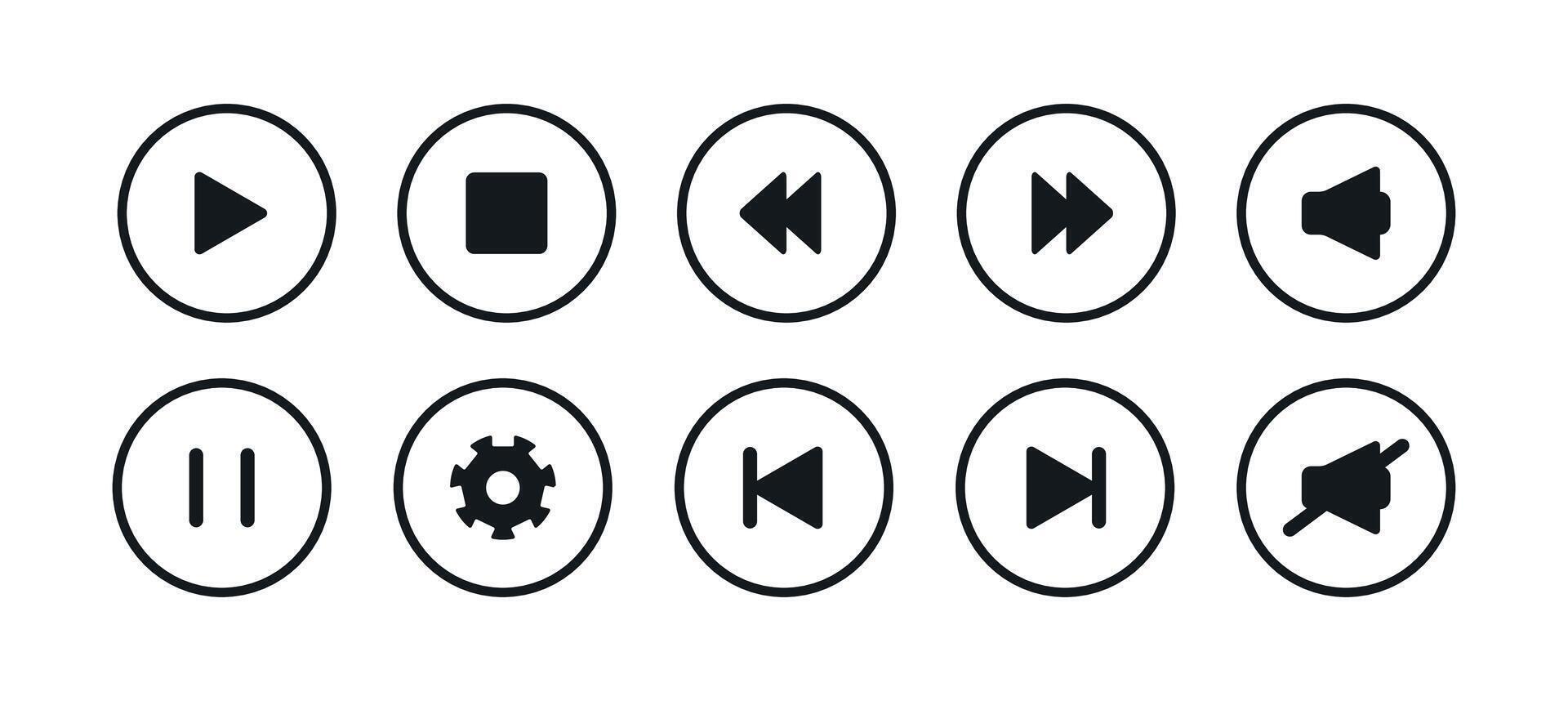 Media player button icons set. Sings in black round outline round shapes. Play pause rewind skip settings next stop volume symbol in flat minimal style. Ui interface line element with editable stroke. vector