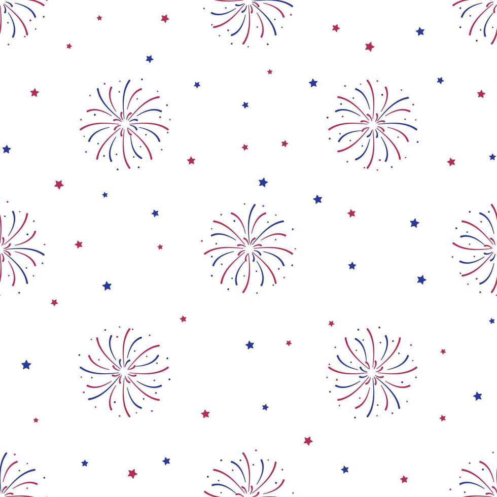 Fireworks Seamless pattern. Independence day USA Patriotic colorful background. Stars and sparks in flat style. Bursting light, pyrotechnics. 4th July. Russia French flag color, Labor or Memorial day vector