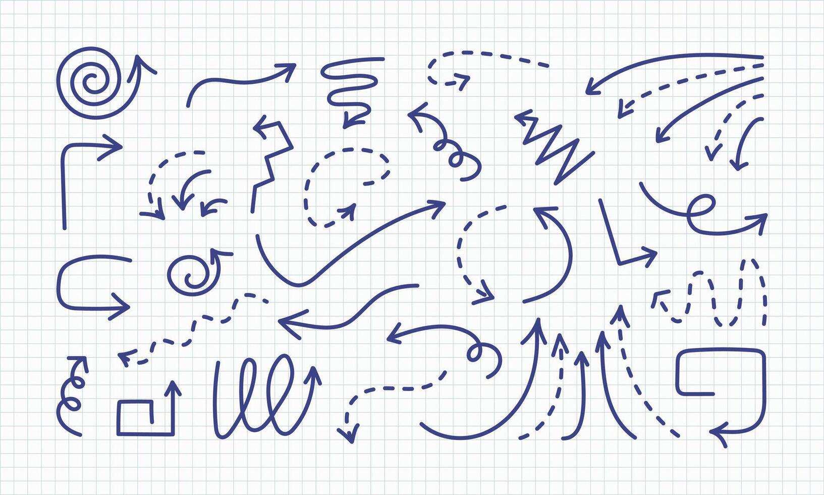 Hand drawn sketchy blue pen Arrows set. Ink pointers elements on school notebook sheet. Brush editable stroke. Dot lines icons collection. Infographic doodle cursor for poster banner card. vector