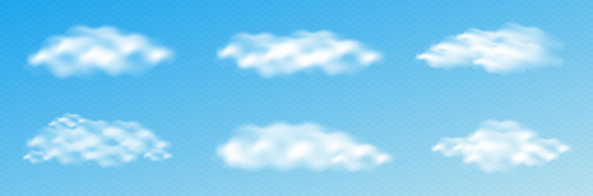 Realistic white cloud or fire smoke set. 3D Chimney smoke, fog wave or cloudy pattern with overlay effect. Fluffy weather sky elements. vector