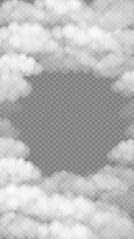 Fog, smoke, white smog clouds social media stories template. Morning mist over the ground or water surface frame with copy space. Steam at night club, magic haze, natural evaporation. Realistic 3d. vector