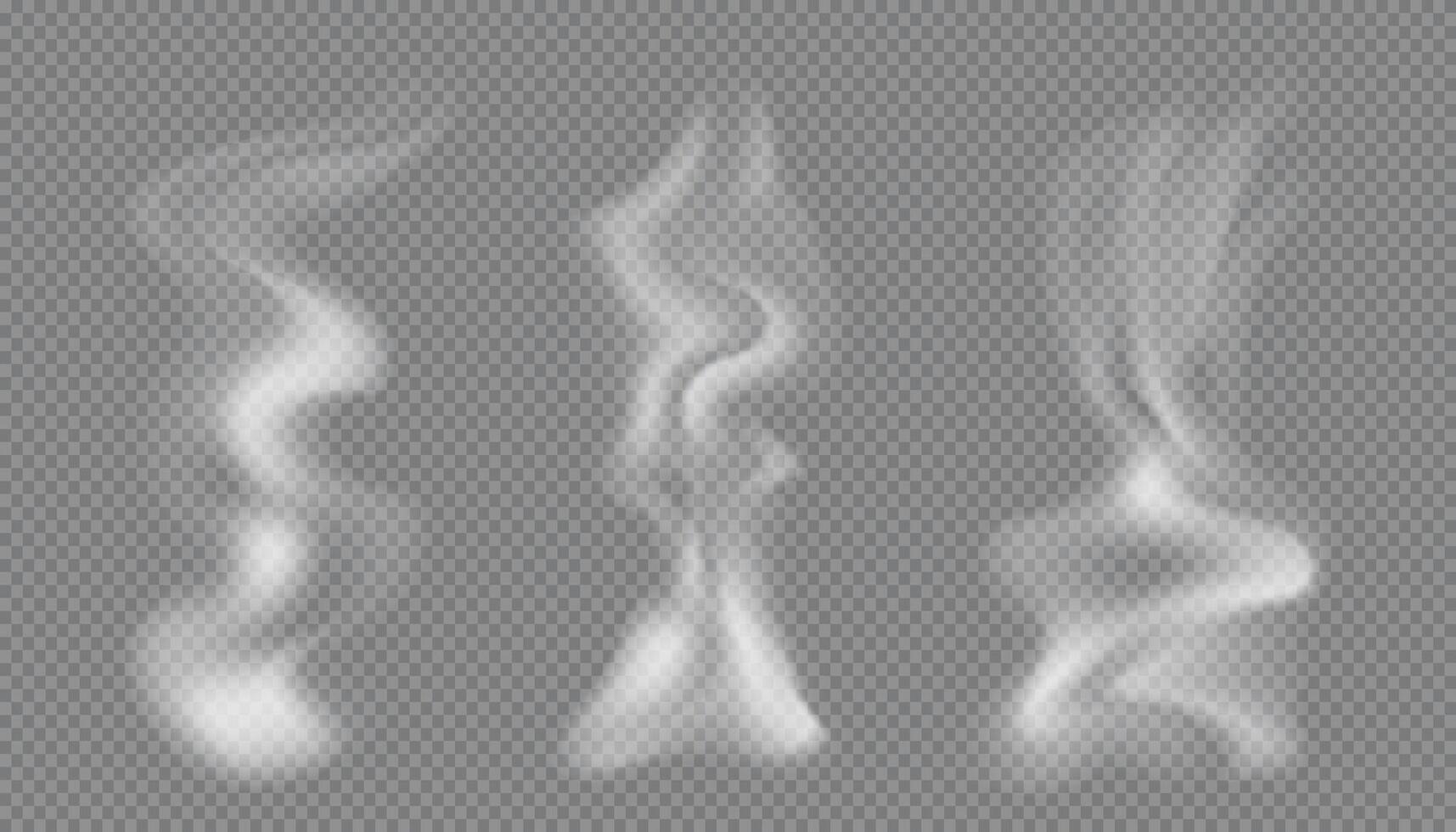 Wavy steam of hot water, tea, coffee, food. Realistic icons of white smoke isolated. Abstract elements flowing on dark background. Mystical effect shape. Cigarette, vapor, hookah cloud overlays. vector