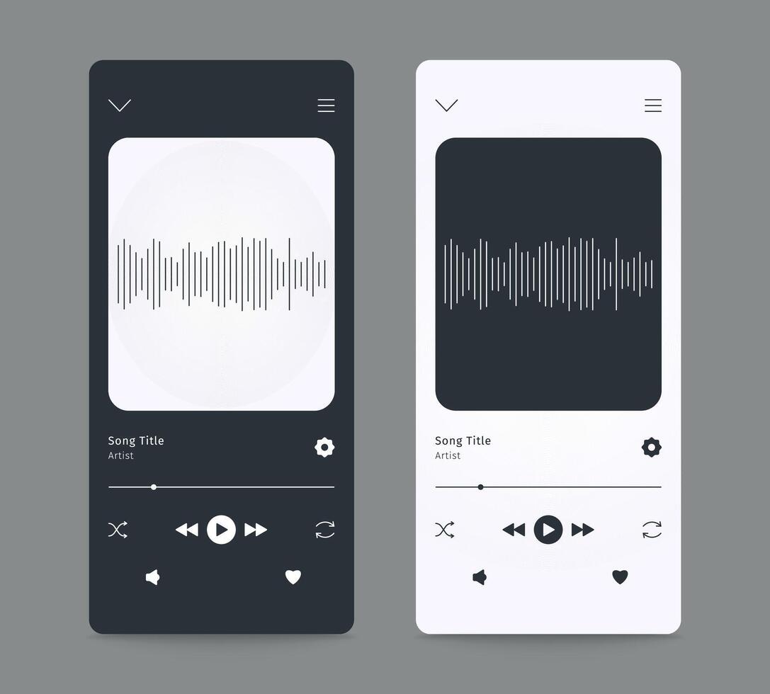 Music player interface template for mobile app in dark and light theme. Media playback song. Ui display with buttons for phone. vector
