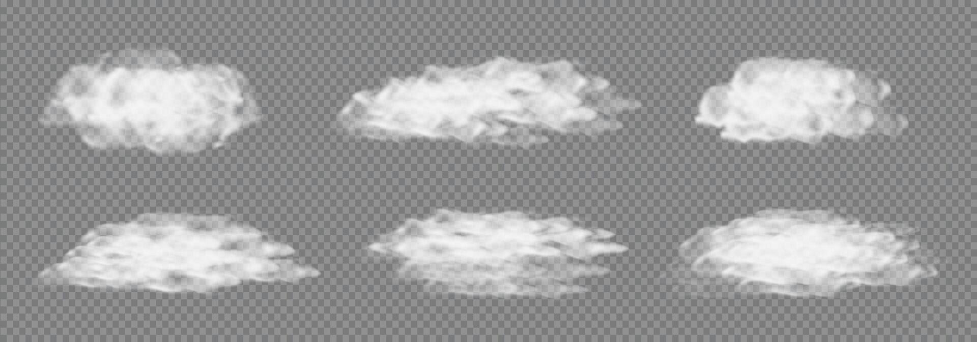 White Realistic isolated steam or fluffy cloud set. 3D cloudy sky sunny weather element. Foggy illustration concept vector