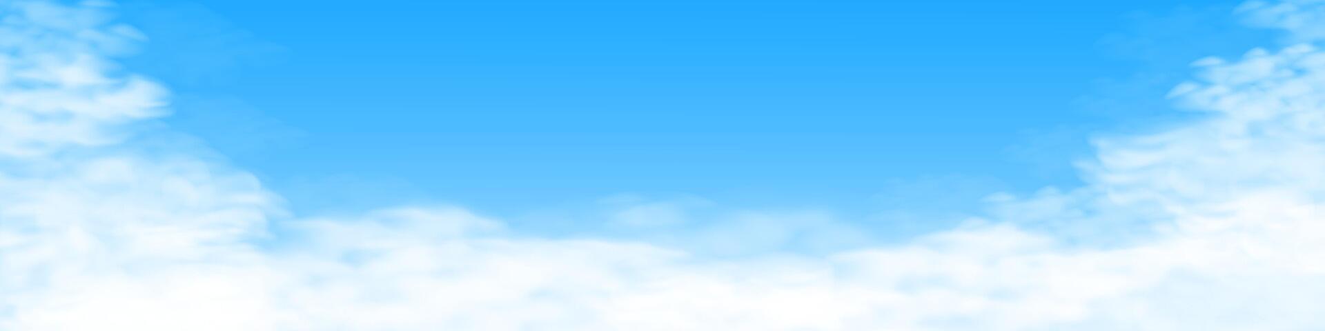 Blue realistic sky cloudy banner with copy space. Nature Landscape Background with Fluffy white 3d clouds. Sunny day effect. vector