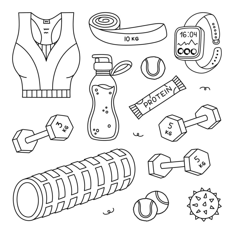 Lovely line doodle pilates set with different equipment for home training. Cute hand drawn fitness, stretching collection with sport bra, massage foam roller, pair of dumbbells isolated on white. vector