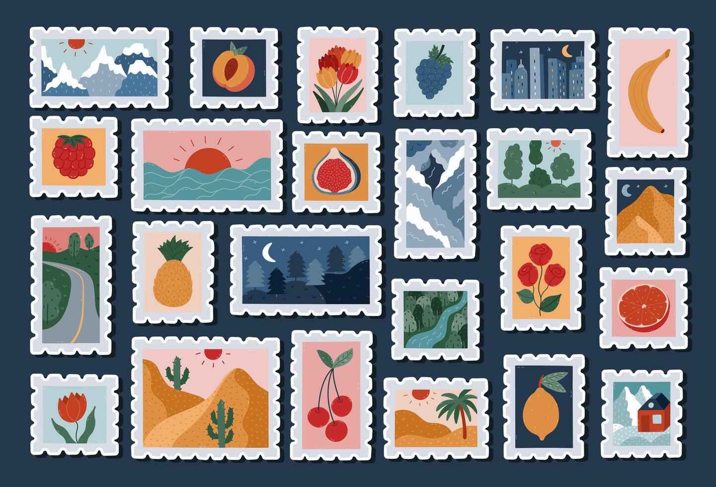 Big lovely sticker list with cartoon postage stamp with picturesque travelling scenery, fruits, flowers for planners, notebooks. Ready for print sheet of postage stickers with desert, mountains. vector
