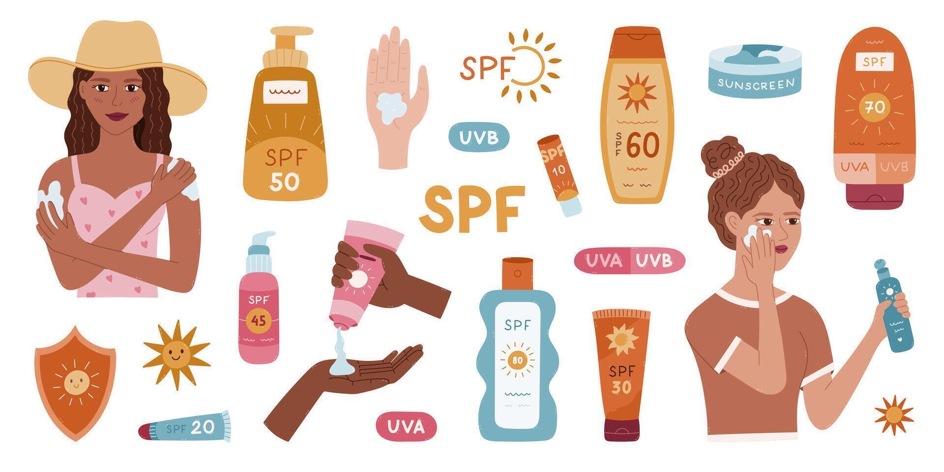 Big lovely cartoon set with cosmetic for summertime vacation, protection against sunbeams, ladies applying sunscreen. Colourful flat clipart for defense skin from dangerous sunbeams, cancer and aging. vector