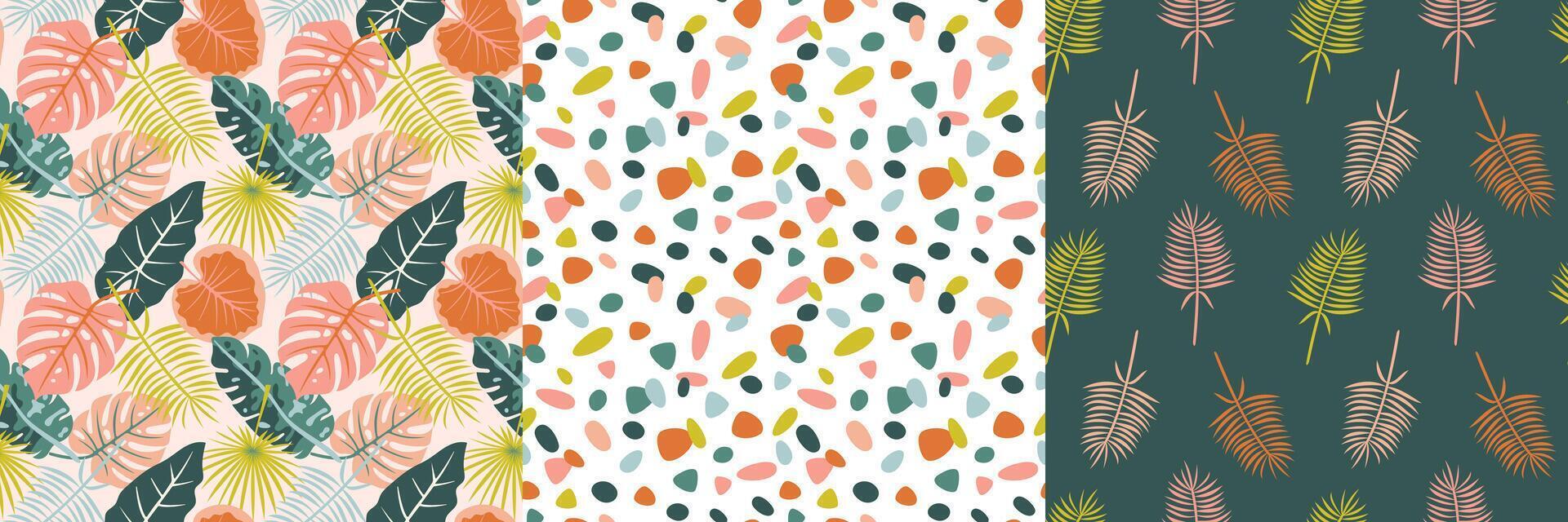 Tropical seamless pattern bundle with exotic foliage and abstract shapes. Vibrant palm leaves, colorful nature prints, botanical summer background for fabric, textile, wrapping, and surface design. vector