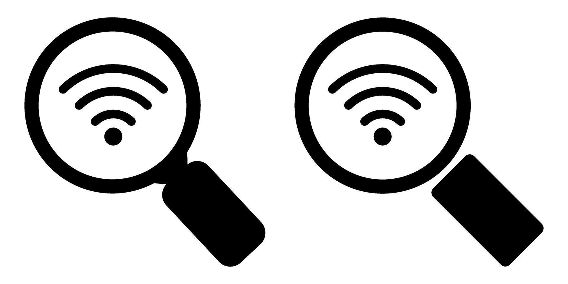 Wi-Fi Signal Search Icon Set. Black Silhouettes of Magnifier Over Wireless Internet Symbol. vector