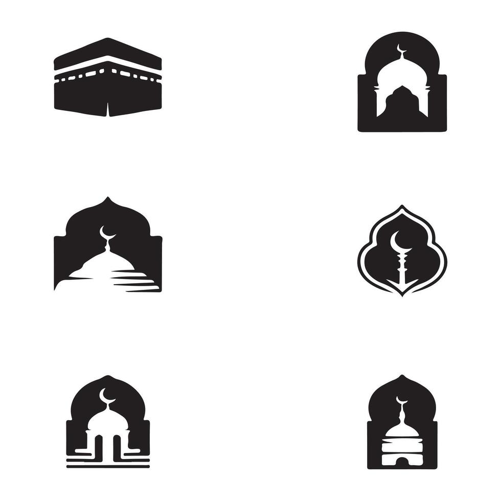 Six Elegant Islamic Mosque and Kaaba Icons Symbolic Black and White Designs for Religious Branding vector