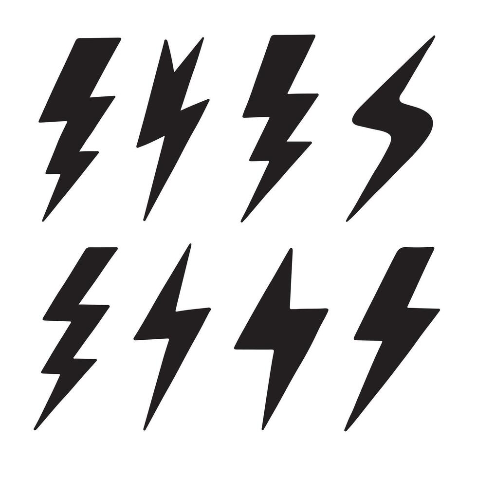 Eight Stylish Hand-Drawn Lightning Bolt Icons A Set of Bold Black Flash Symbols for Energetic Designs vector