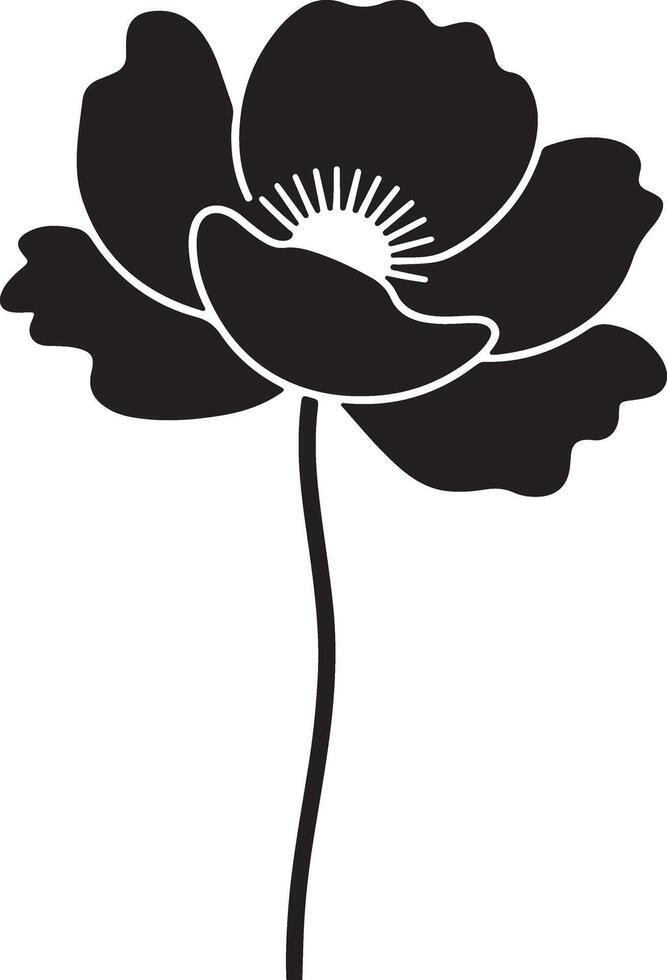 Elegant Black and White Poppy Flower Silhouette, Blooming in Simple Style, Isolated on White Background, Minimalist Floral Design vector