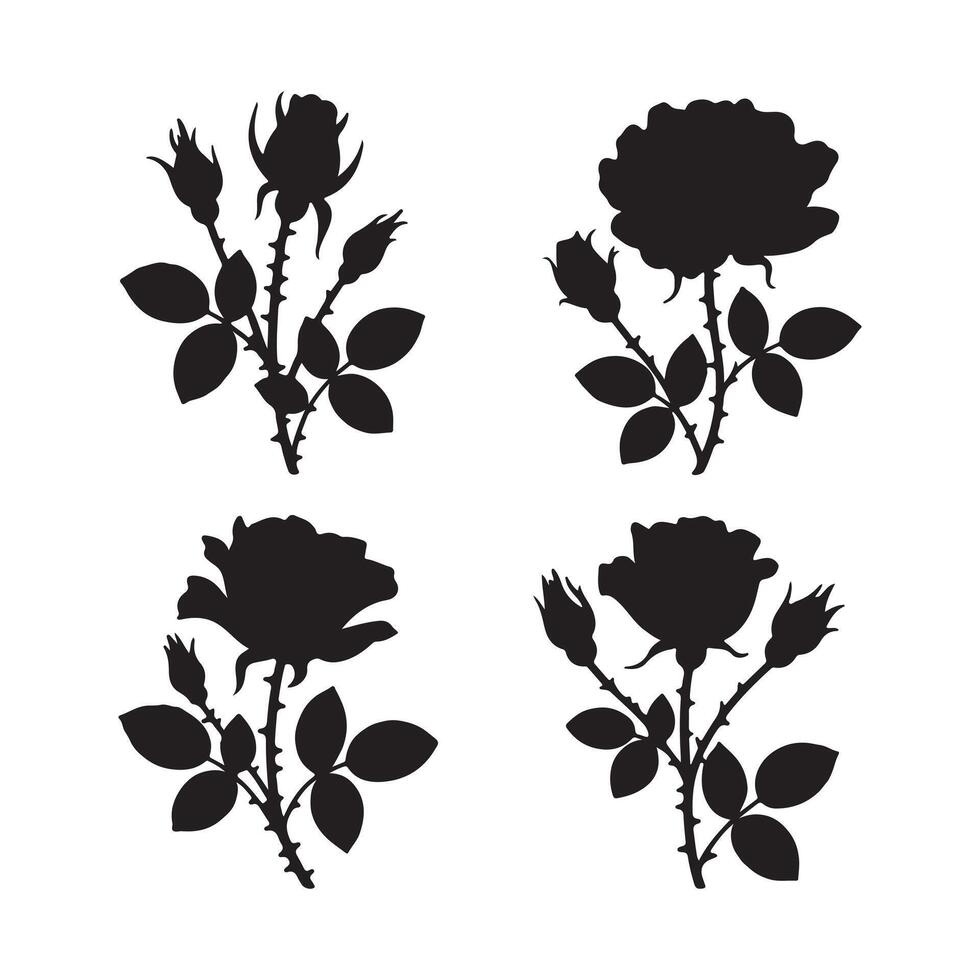 Elegant Black Silhouette Roses A Collection of Four Blooming Rose Stems with Buds in a Minimalist White Background Design vector