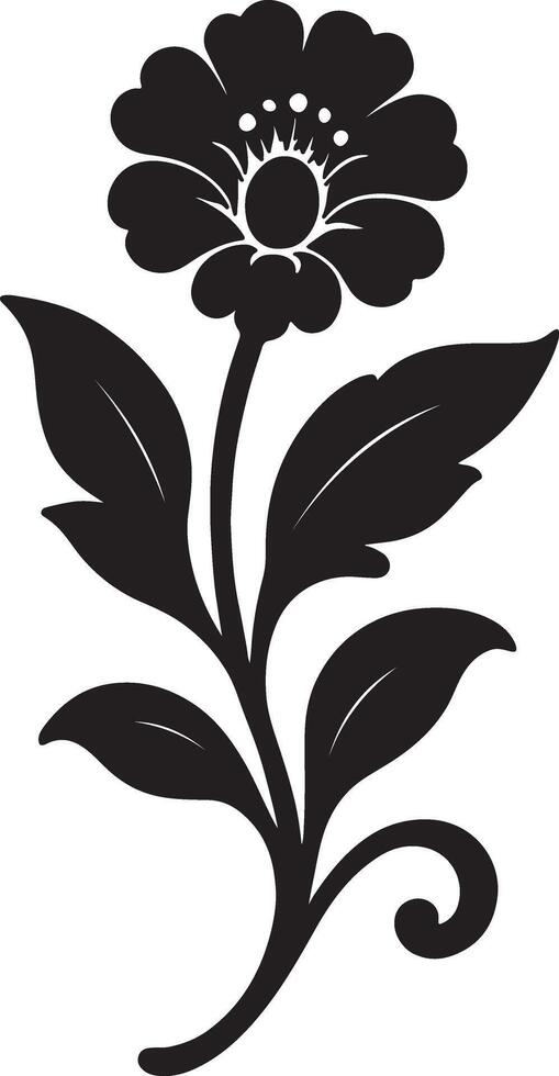 Elegant Black Silhouette of a Blooming Flower with Intricate Leaves, Set Against a White Background, Evoking a Sense of Classic Grace vector