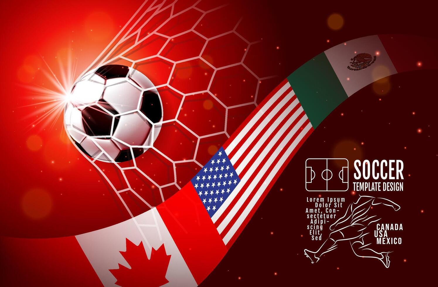 illustration of an international soccer tournament theme with a close-up soccer ball on a stadium background. Includes waving flags of Canada, the United States, and Mexico vector