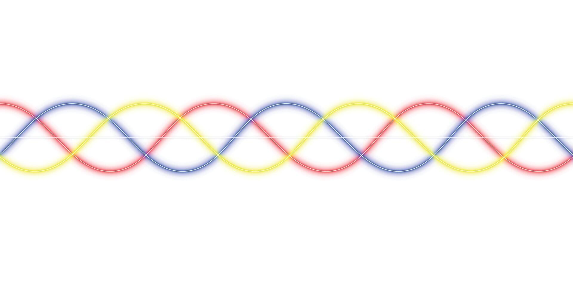 Neon glow 3 phase red yellow blue electric power line with abstract sine sign wave on isolated background vector