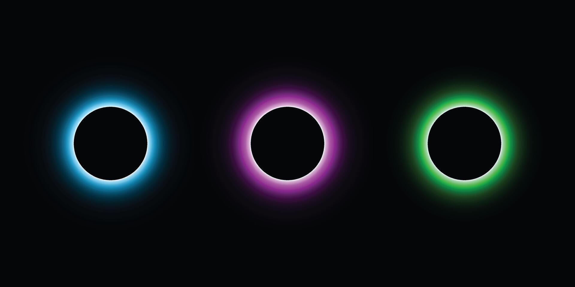 Neon glowing circular ring light effect on black background for abstract futuristic frame energy swirl concept design element or digital background wallpaper vector