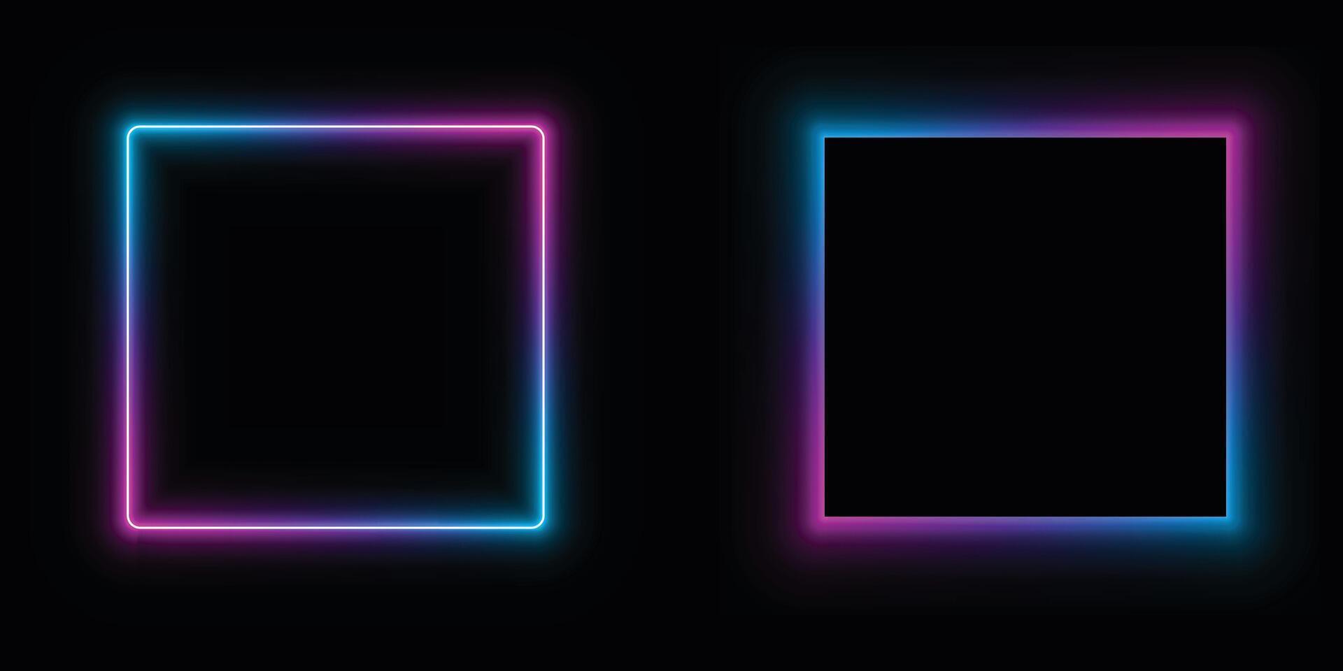 Glowing neon square frame pink and blue light isolated on black background. Gradient border for decoration. vector