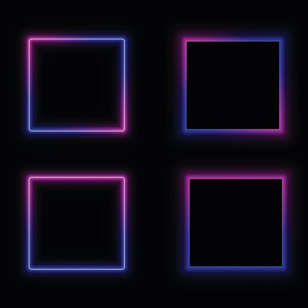 Glowing neon square frame with pink and blue light isolated on black background. Gradient glow border for decoration. vector