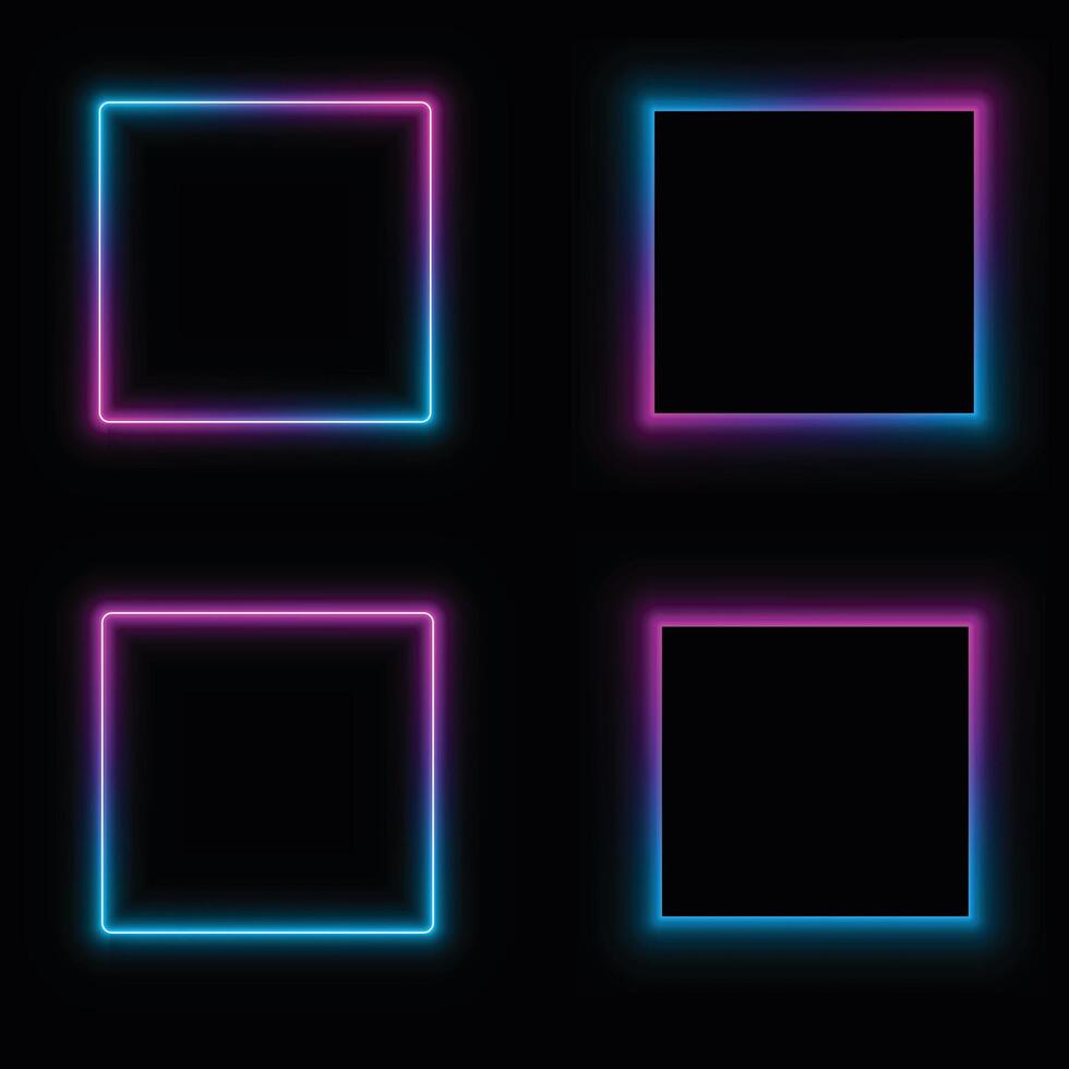 Glowing neon square frame with pink and blue glow light isolated on black background. Gradient glow border for decoration. vector