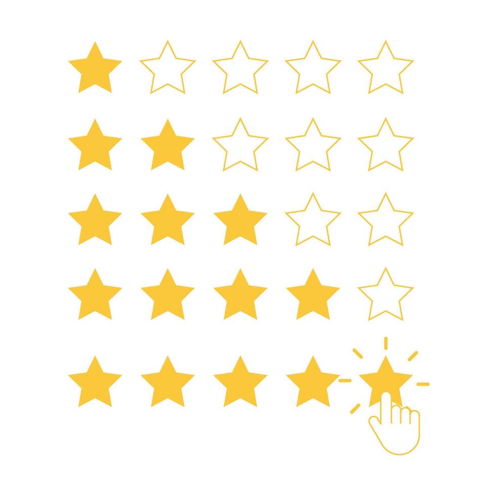 Five yellow stars with clicking hand. Quality rank set. Best choice. Stock Illustration vector