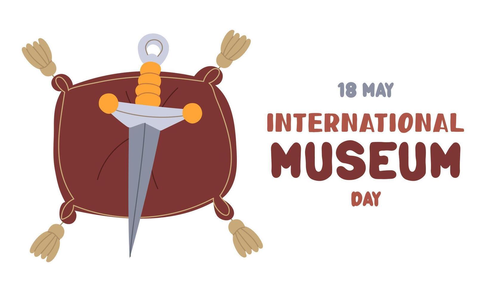 International Museum Day on May 18. sword, blade made of precious materials on cushion with tassels. Flat color illustration for use in posters, articles, social media related, history. Horizontal vector