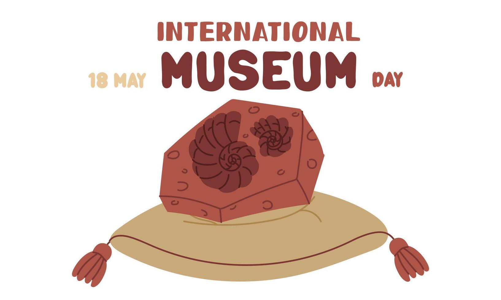International Museum Day on May 18. fossil of a prehistoric shell on a pillow. Flat color illustration for use in posters, articles, and social media related to science and history. Horizontal banner vector