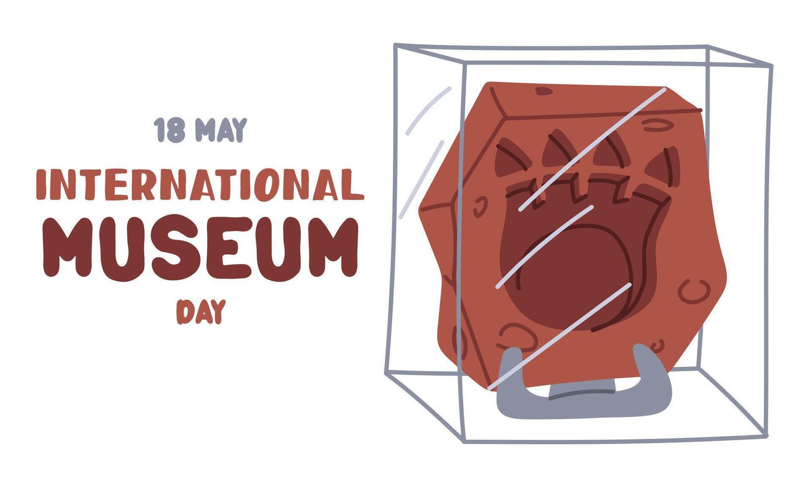 International Museum Day on May 18, fossil of a stegosaurus foot print on a stand and under glass. Flat color illustration for use in posters, articles, and social media related to science and history vector