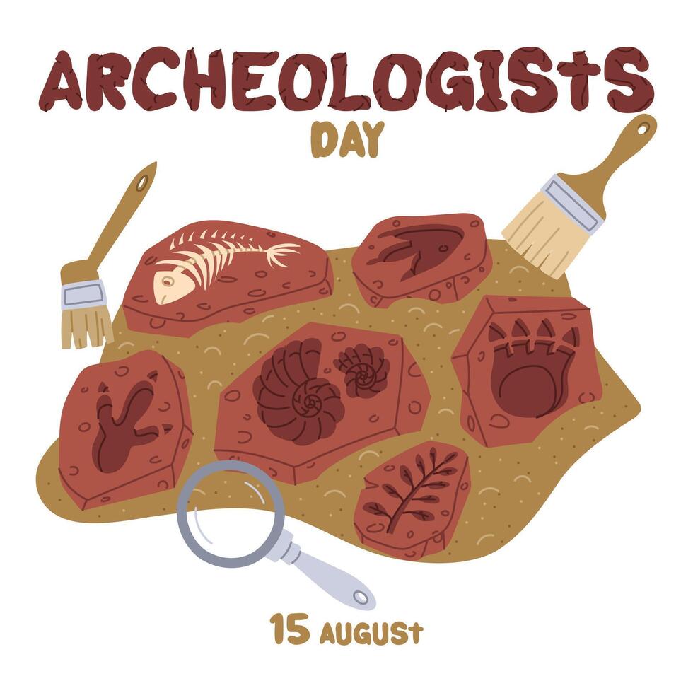 Archaeologist Day on August 15 objects for excavation. Flat color illustration. Fossils, dinosaur prints, shells, bones. for postcards, posters, articles, blogs, educational materials. Square vector